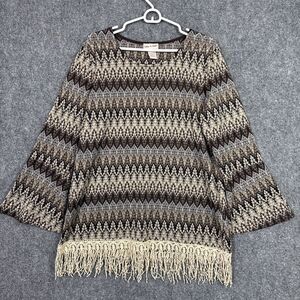 Toffee Apple Top Blouse  Womens Size L Brown Crochet Fringe Artsy Boho